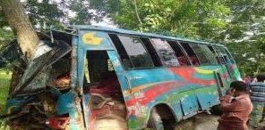বরিশালে নিয়ন্ত্রণ হারিয়ে গাছে বাসের ধাক্কা ॥  ফরচুন কোম্পানীর ২৫ শ্রমিক আহত